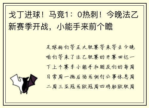 戈丁进球！马竞1：0热刺！今晚法乙新赛季开战，小能手来前个瞻
